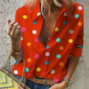 NEW! Great Orangey/Red polka dot long sleeve shirt